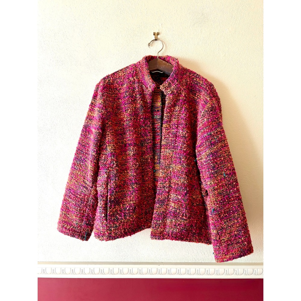 Vintage Chico's Pink Colorful Boucle Knit Open Front Jacket 2 Artsy 90s Bohemian - Picture 9 of 11